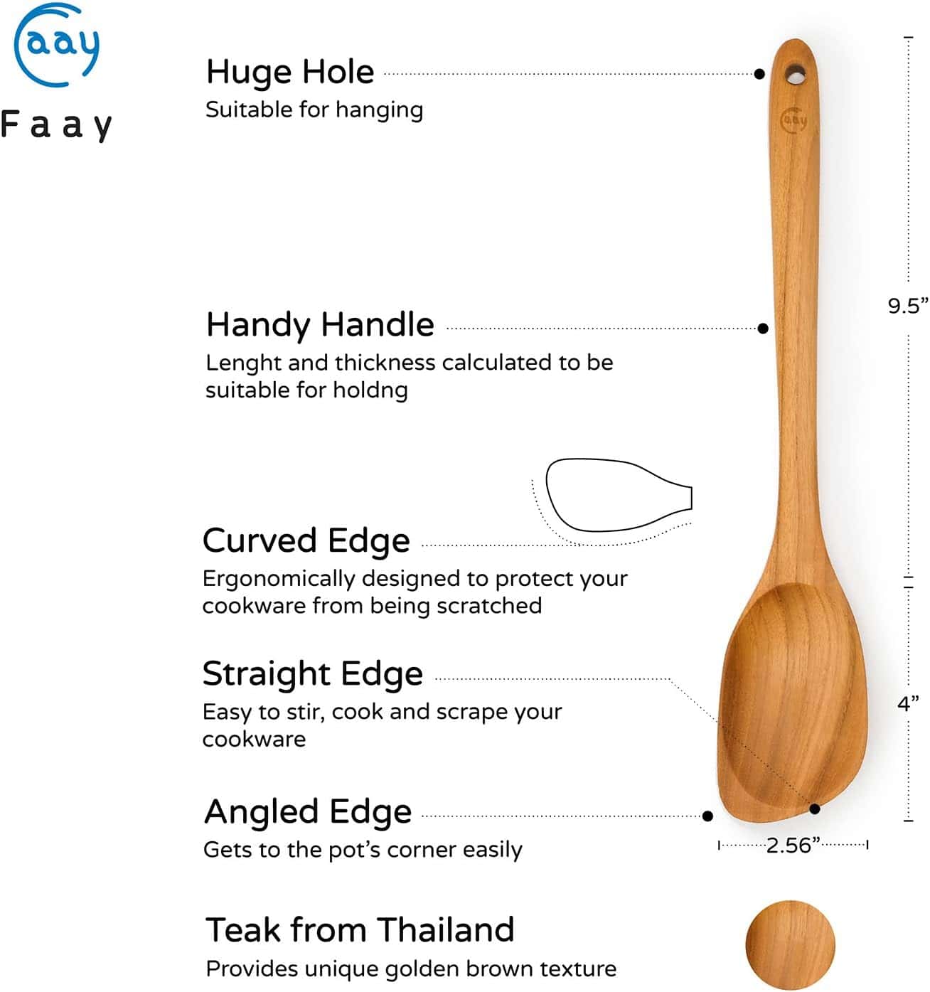 High-quality teak wood cooking spoon with ergonomic curved and straight edges, large hanging hole, and sleek design.