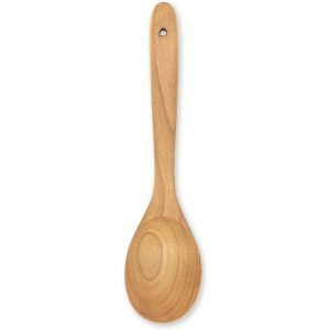Natural wood cooking spoon for versatile kitchen cooking and serving.