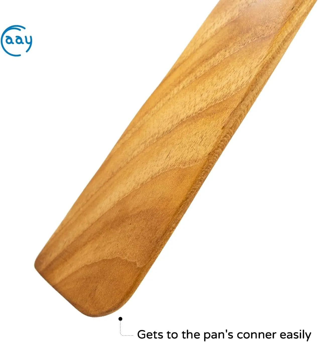 Close-up of a natural wooden spatula, emphasizing smooth surface and ergonomic design.