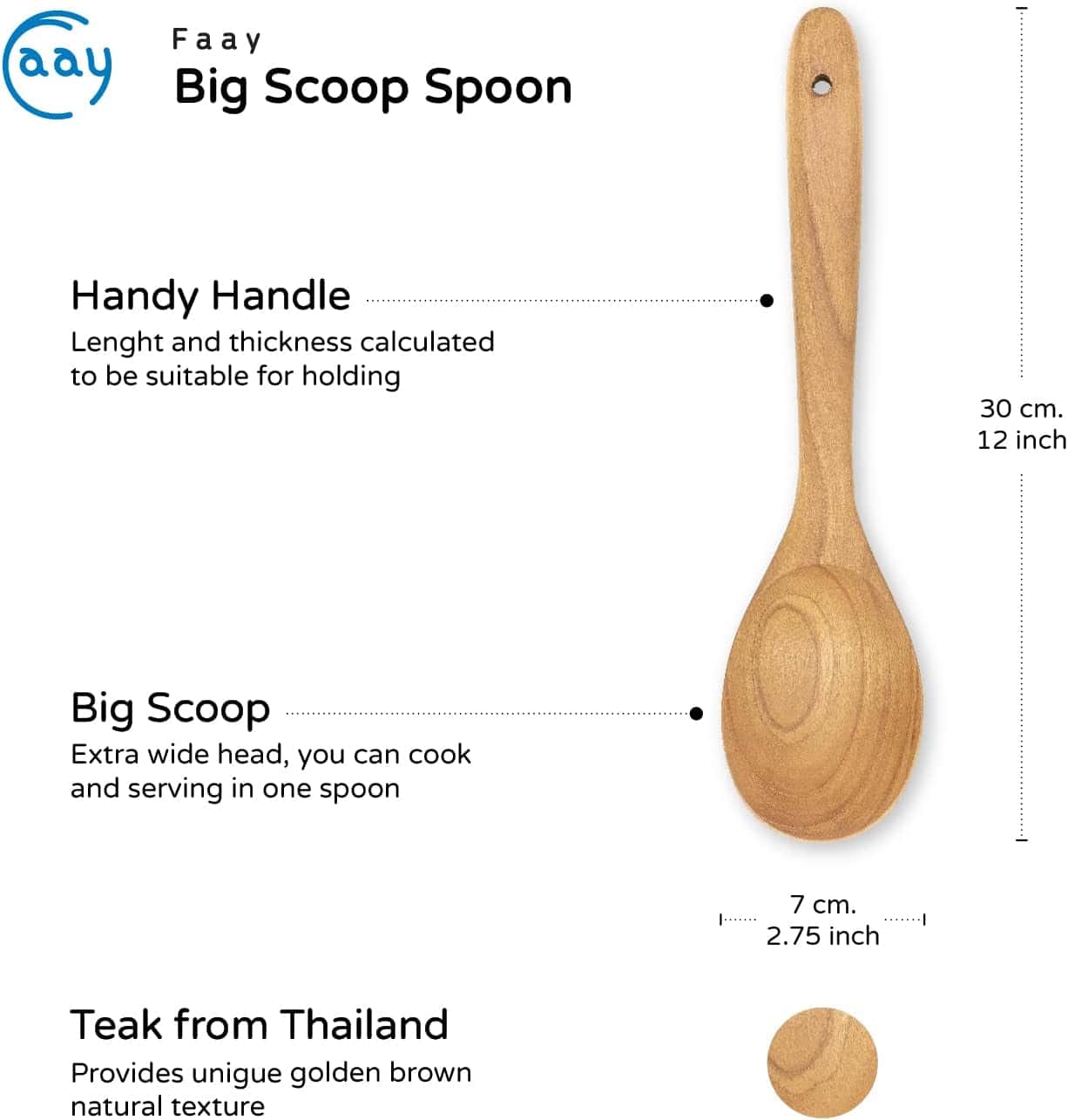 Handcrafted wooden kitchen utensil with large scoop head, ideal for cooking and serving food.