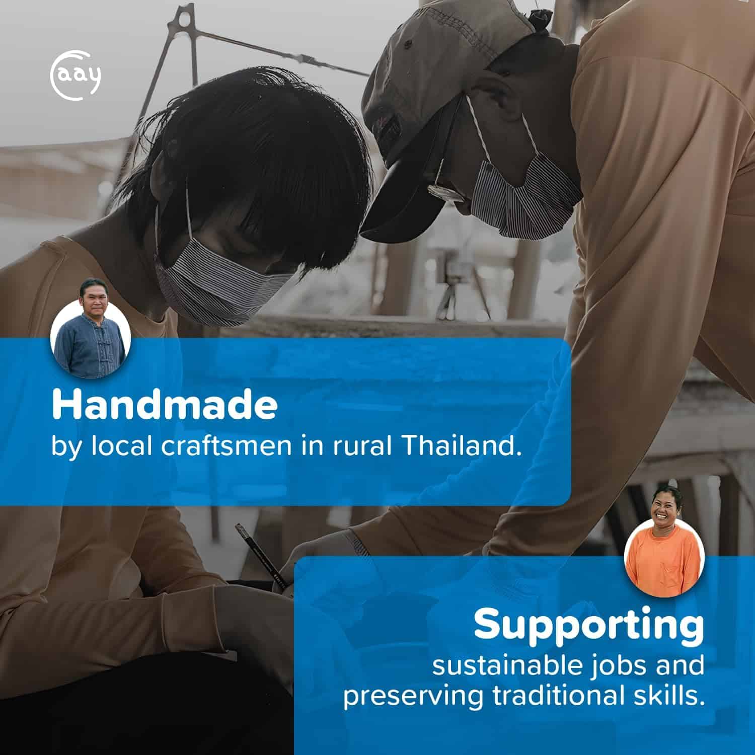 Artisans crafting handmade products in rural Thailand wearing masks and working together.