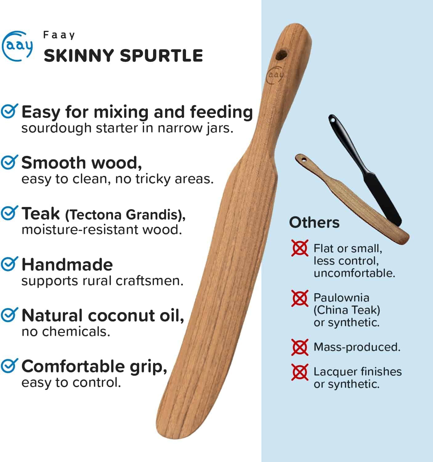 Wooden spurtle, ideal for mixing sourdough starter in narrow jars.
