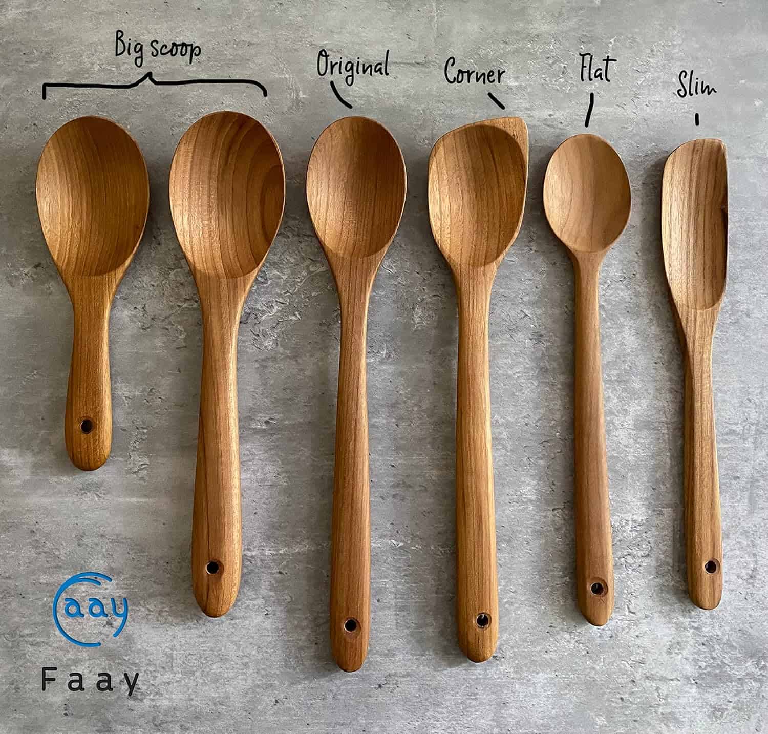 High-quality wooden scoop categories for cooking and serving, including big, original, corner, flat, slim, and more.