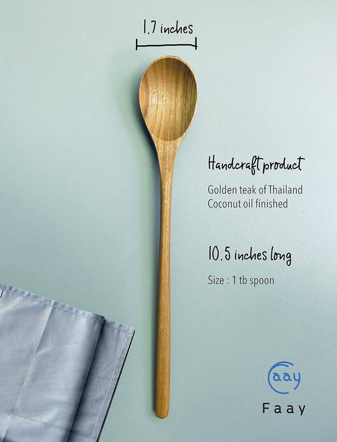Eco-friendly wooden kitchen spoon, handcrafted from Thai teak with coconut oil finish for sustainable cooking.