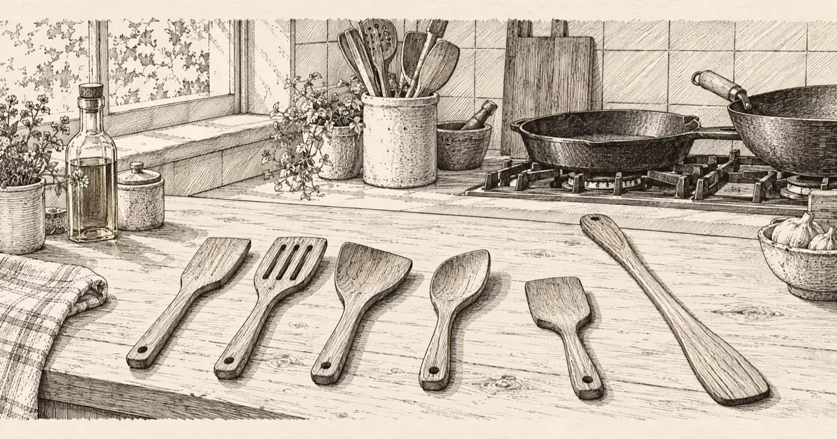 Pen-and-ink line drawing of six hand-carved wooden spatulas in different shapes laid out on a kitchen counter, with a cast-iron skillet and wok on the stove behind